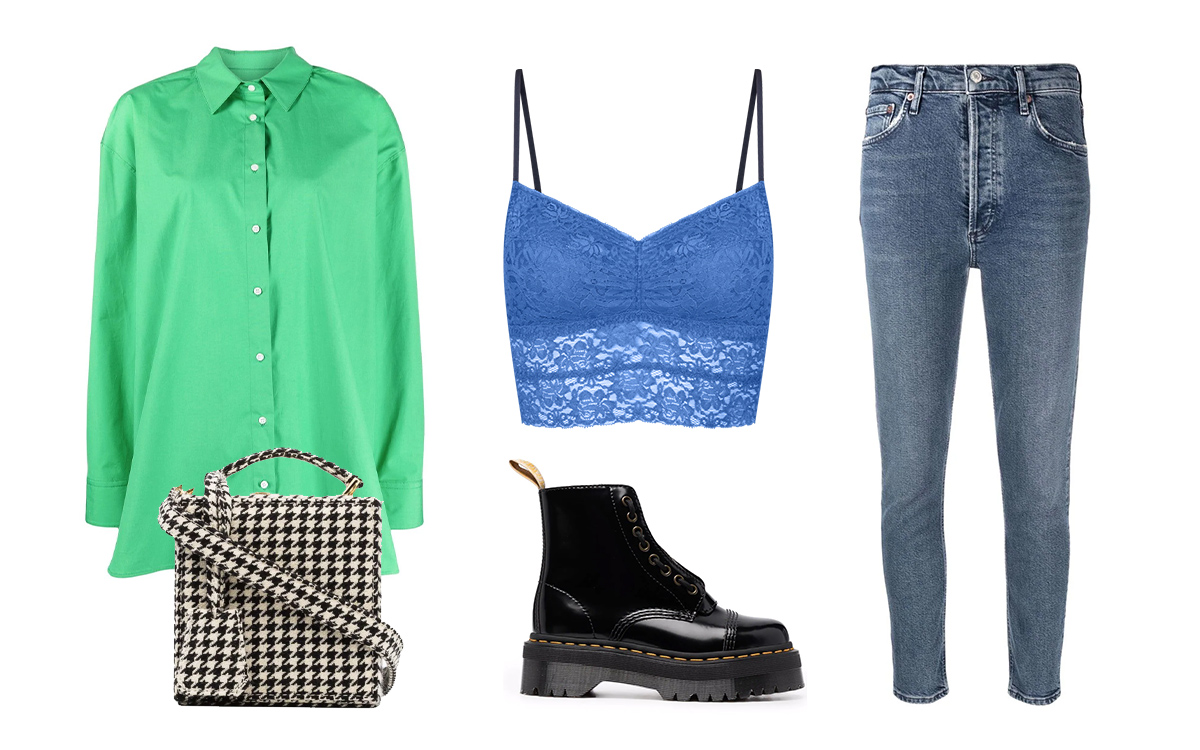 Sugestão de look color block com camisa verde, sutiã top azul, calça jeans, bolsa xadrez e coturno preto.